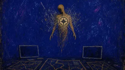 A suspended figure above maps and blank screens, a needleless compass at the sternum glowing amber against blue rain
