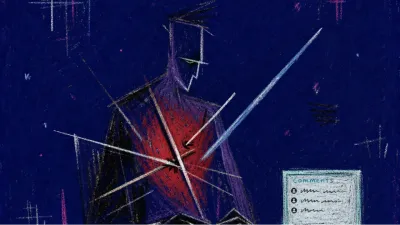 Pinned by What Hurts A figure pinned at a desk by blade-like lines across the chest, red laptop comments glowing in charcoal space