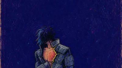 A figure pinned to a narrow bed, jacket still on, laptop and shoes beside a thin yellow fracture in grey-blue shadow