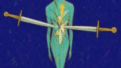 A figure balanced on a planted sword by a gray shore, two blades pressed to the chest as acid gold cuts cold blue