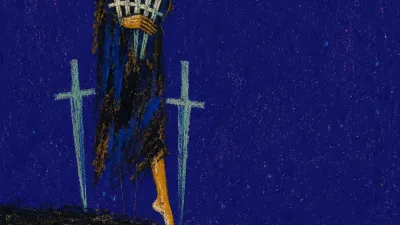 A figure at a midnight threshold holding five blades, with two planted behind, amber skin split by blue-black light