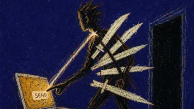 A figure suspended mid-step beside an open laptop, five blades held awkwardly as amber screenlight fractures into indigo
