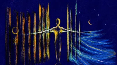 A figure braced in a gap of upright wands, amber light pressed against cold blue space beyond an open river