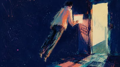 A figure floating in an apartment doorway, holding a lit calendar above coral floorboards fading into a teal hall.
