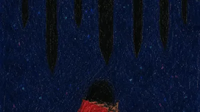A figure under a patterned quilt in a dark room, lower body fixed as black walls and blade-like lines press overhead
