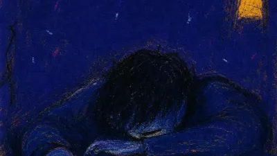 A face-down figure pinned in a dark room, unsent phone glowing nearby, dawn amber fractured against cold blue shadow