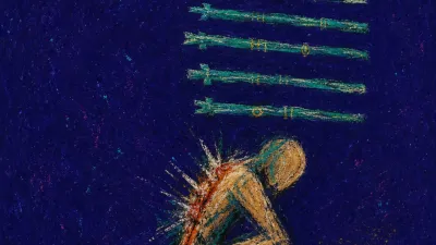 A figure bent under ordered green wands beside a laptop, spine compressed in amber against green-black shadow