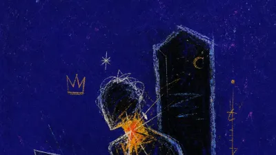 A suspended figure at a midnight desk, hands over a laptop, head turned toward floating amber blades in cold blue space