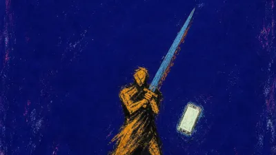 A figure balanced on a high uneven ridge, sword raised near a glowing phone, amber light cut by steel blue shadow