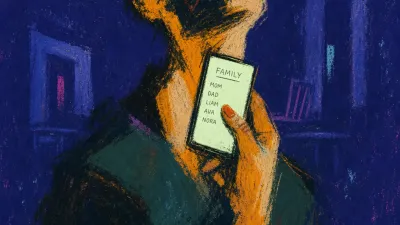 A figure enclosed in a dark dining room, phone glowing with a family name, amber skin fractured against green-black shadow