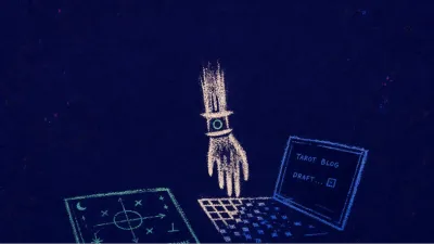 A figure suspended between a clean board and an unfinished laptop screen, warm white lines fracturing into cold blue pixels