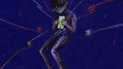 A suspended figure surrounded by slanting message-like wands, a glowing phone below, acid green and white cutting into indigo