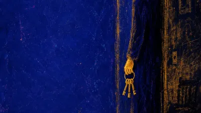 A figure braced in a doorway, keys clenched, amber light fractured against cold indigo walls and moving ships beyond.