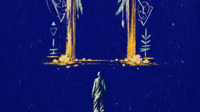 Arrived before the floor holds A figure suspended under a garlanded doorway, feet above an unfinished floor, gold light fractured into deep indigo.