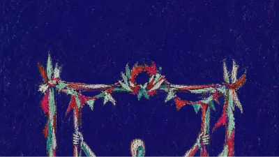 A figure under a garlanded four-post frame, arms raised to hold it upright, red ribbons cutting through cold teal shadow