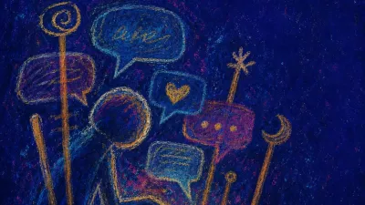 Figure enclosed by crossed staffs and message bubbles, thumb frozen over a lit phone, amber cutting into blue-black space