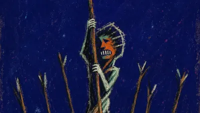 A figure on uneven ground fused with a raised wand, surrounded by six opposing wands, ember orange against green-black