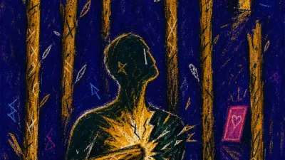 A figure enclosed by upright wands, one wand across the chest, warm phone light fractured into cold green-black void