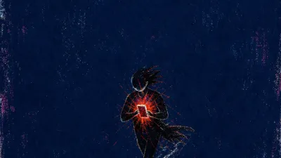 A figure on a narrow glowing track under a wide sky, phone light at the chest, warm red compressed into cold blue space