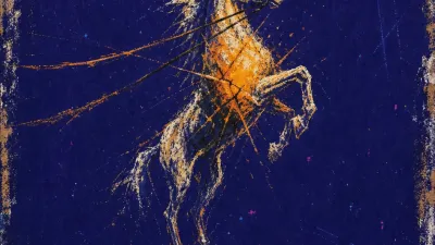 A figure suspended at a launch threshold, tight reins and raised hooves above dark ground, amber light fractured into indigo.