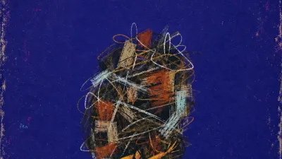 A figure pinned upright beneath an overgrown bundle, shoulders compressed, amber fracture lines against cold blue space