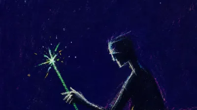 A suspended figure above cracked soil at a late-night desk, holding one green wand amid dry ochre and deep violet shadows