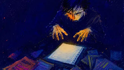 A figure suspended above a dark desk, hands hovering over a blank document, amber notes scattered in an indigo void.