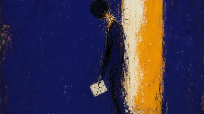 A suspended figure before a lit doorway holds an unsent message, warm amber fractured against cold indigo space