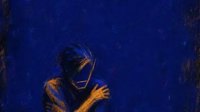 A figure seated before dark water with crossed arms over the chest, blue shadows split by a sharp amber line