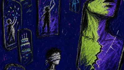 A blindfolded figure in a dark bedroom surrounded by tall glowing phone-screen mirrors, neon green split by cold violet