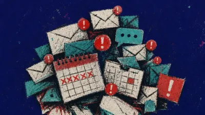 A bent hollow figure under stacked messages and calendars, pale skin split by alarm-red light in deep teal space