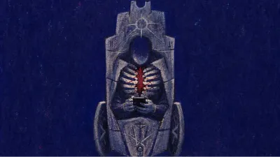 A hollow figure inside a stone chariot, hands near a dark phone, chrome white split by raw crimson in black space