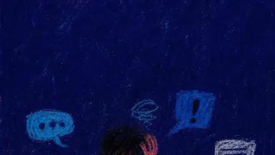 A figure enclosed in a dark room by hovering message bubbles, one hand above a phone, hot coral against blue-black shadow