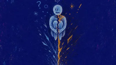 A suspended figure above a glowing phone and crossed drafts, amber lines looping through cold blue darkness