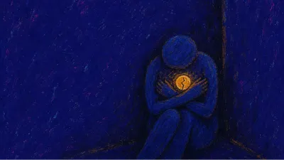 An enclosed figure in a dark corner holds a small amber coin to their chest, phone face-down beside an unsent message.
