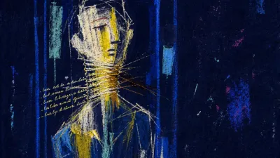 A figure enclosed in a glass booth under a white spotlight, throat wrapped in gold text lines against cold blue space