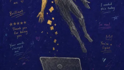 Where proof never lands A suspended figure above a closed laptop, praise messages drifting below, gold fragments breaking into cold graphite space