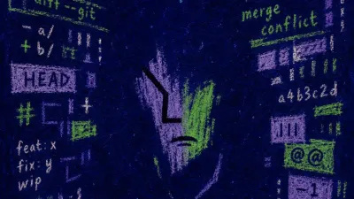 A figure at a desk inside shifting code-covered walls, electric green fragments pressed into ash violet shadow