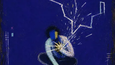 A suspended figure in a dark open room reaching toward a phone, with unreachable exit lines in electric white and sealed blue