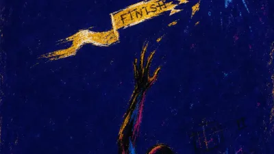 A suspended figure reaches for a glowing ribbon over an unfinished list, gold light fractured into blue-black void