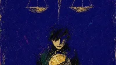 A figure in a dark room holds a glowing coin under hovering scales, gold light pressed into graphite shadows