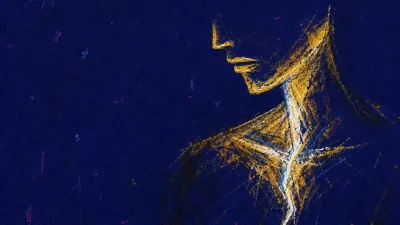 A figure suspended between a cold spotlight and a shadowed doorway, thumb above a glowing post button in deep blue space