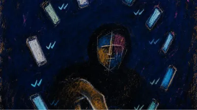 A figure enclosed by glowing phone screens in dark space, blue-white light fracturing across warm skin and black shadow