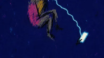 A suspended figure tethered to a glowing phone above a dark bed, cyan message light cutting into bruised indigo space