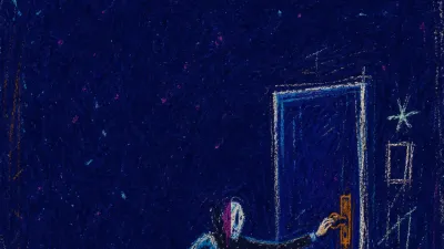 A figure seated before a closed door, one hand on the handle, blue phone light cutting through warm amber shadows.