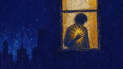 A figure behind a glowing window holds one hand to the chest while a cold blue city waits outside