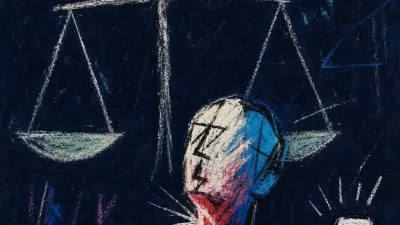 A figure trapped in a dark courtroom before oversized scales, a glowing phone nearby, white glare splitting into bruised red