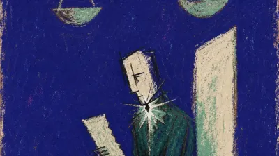 A hollow seated figure under suspended scales, holding a blank bill beside an open doorway in ledger-white and bruised green