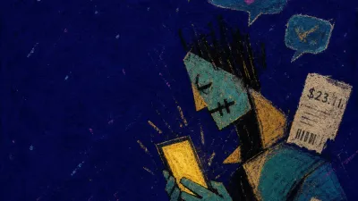 A figure in a doorless dark room surrounded by receipts, a coffee cup, and glowing messages in coin-gold and cold teal