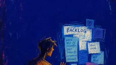 A figure frozen before a glowing screen and stacked reminders, chest compressed by sharp blue light against amber shadows